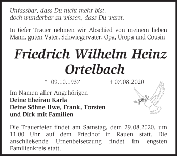 Traueranzeige von Friedrich Wilhelm Heinz Ortelbach von Märkische Oderzeitung