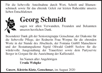 Traueranzeige von Georg Schmidt von Märkische Oderzeitung