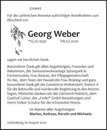 Traueranzeige von Georg Weber von Märkische Oderzeitung