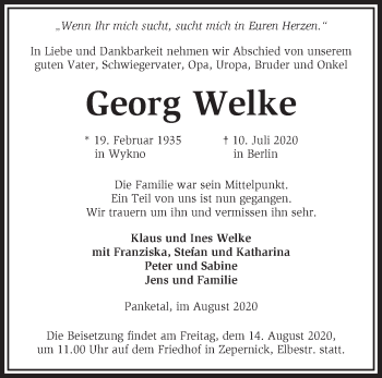 Traueranzeige von Georg Welke von Märkische Oderzeitung