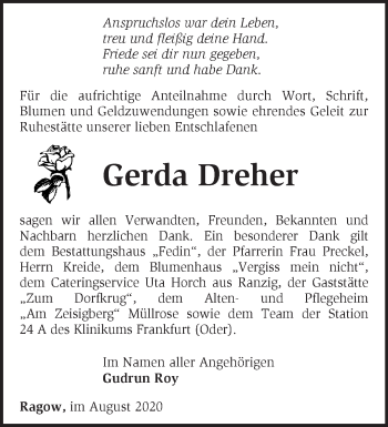 Traueranzeige von Gerda Dreher von Märkische Oderzeitung