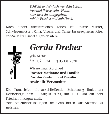 Traueranzeige von Gerda Dreher von Märkische Oderzeitung