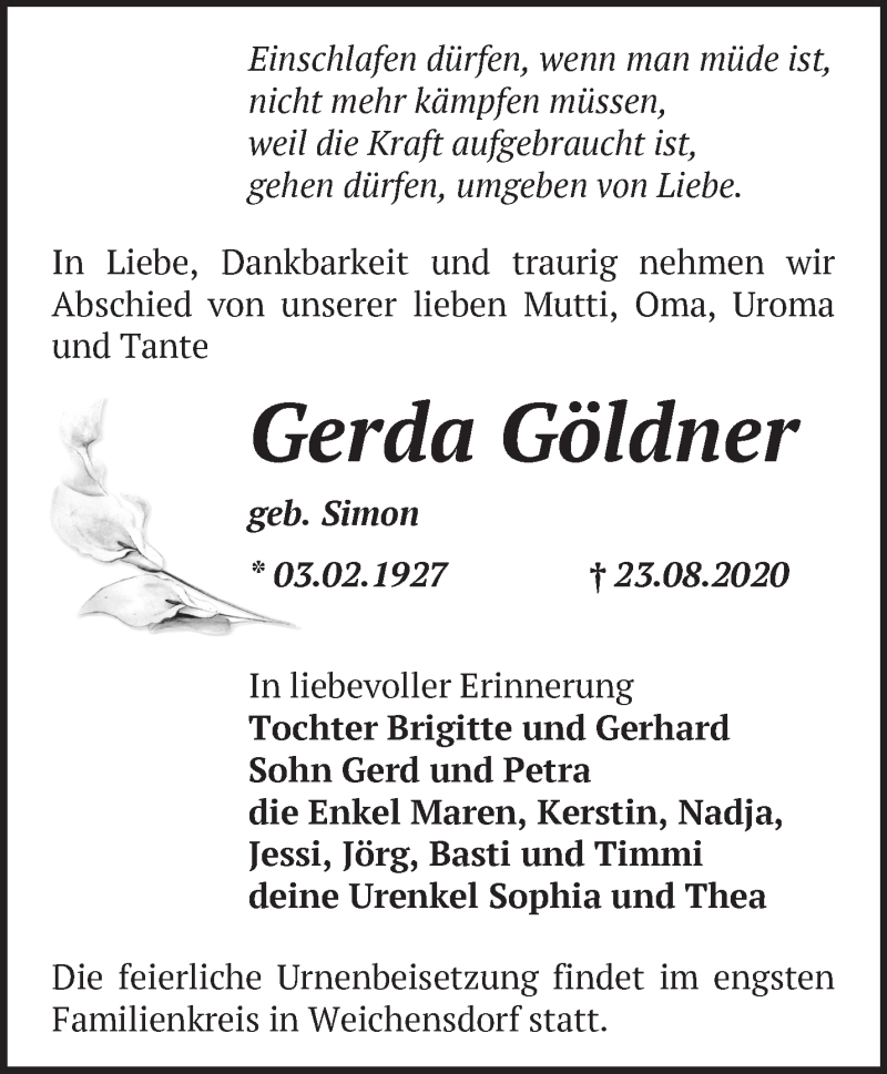  Traueranzeige für Gerda Göldner vom 29.08.2020 aus Märkische Oderzeitung