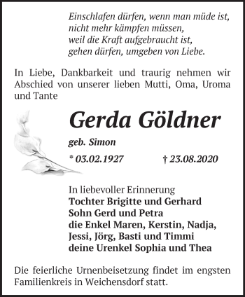 Traueranzeige von Gerda Göldner von Märkische Oderzeitung