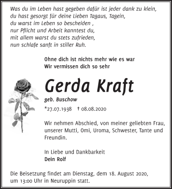 Traueranzeige von Gerda Kraft von Märkische Oderzeitung