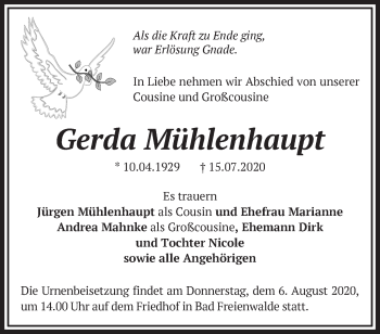 Traueranzeige von Gerda Mühlenhaupt von Märkische Oderzeitung