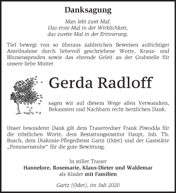 Traueranzeige von Gerda Radloff von Märkische Oderzeitung