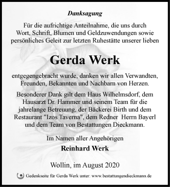 Traueranzeige von Gerda Werk von Märkische Oderzeitung