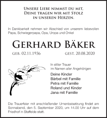 Traueranzeige von Gerhard Bäker von Märkische Oderzeitung