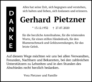 Traueranzeige von Gerhard Pietzner von Märkische Oderzeitung