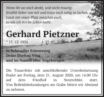 Traueranzeige von Gerhard Pietzner von Märkische Oderzeitung