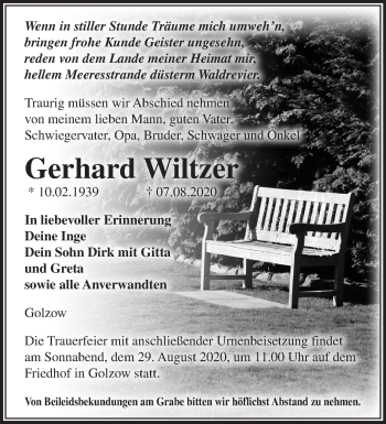 Traueranzeige von Gerhard Wiltzer von Märkische Oderzeitung