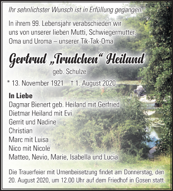 Traueranzeige von Gertrud Heiland von Märkische Oderzeitung