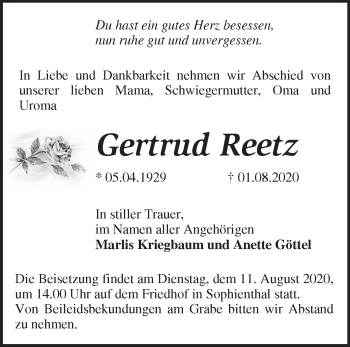 Traueranzeige von Gertrud Reetz von Märkische Oderzeitung