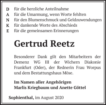 Traueranzeige von Gertrud Reetz von Märkische Oderzeitung