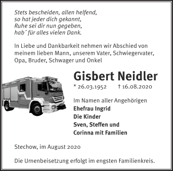 Traueranzeige von Gisbert Neidler von Märkische Oderzeitung