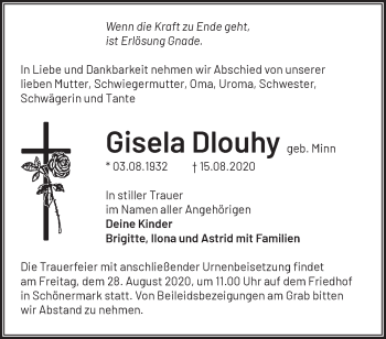 Traueranzeige von Gisela Dlouhy von Märkische Oderzeitung