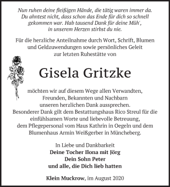 Traueranzeige von Gisela Gritzke von Märkische Oderzeitung