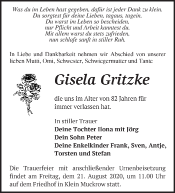 Traueranzeige von Gisela Gritzke von Märkische Oderzeitung