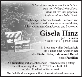 Traueranzeige von Gisela Hinz von Märkische Oderzeitung