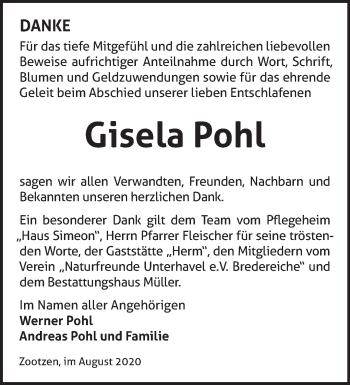 Traueranzeige von Gisela Pohl von Märkische Oderzeitung