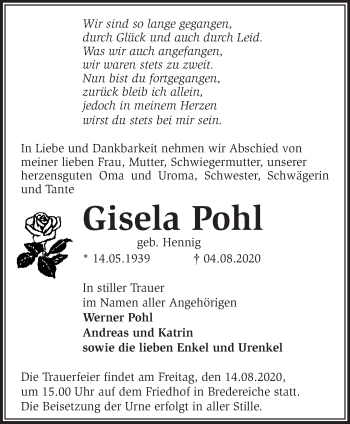 Traueranzeige von Gisela Pohl von Märkische Oderzeitung