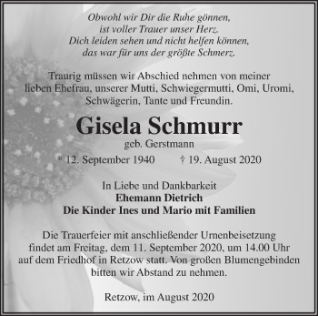 Traueranzeige von Gisela Schmurr von Märkische Oderzeitung