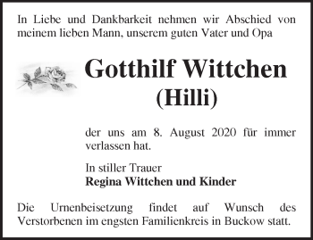 Traueranzeige von Gotthilf Wittchen von Märkische Oderzeitung