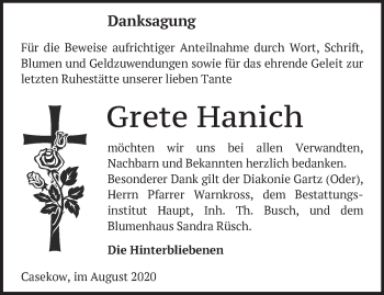 Traueranzeige von Grete Hanich von Märkische Oderzeitung