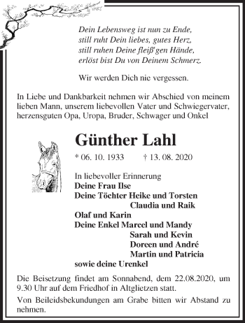 Traueranzeige von Günther Lahl von Märkische Oderzeitung