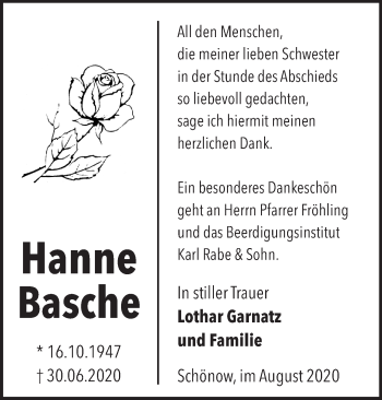 Traueranzeige von Hanne Basche von Märkische Oderzeitung