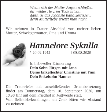 Traueranzeige von Hannelore Sykulla von Märkische Oderzeitung