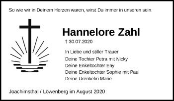 Traueranzeige von Hannelore Zahl von Märkische Oderzeitung