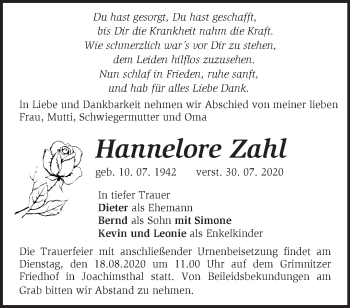 Traueranzeige von Hannelore Zahl von Märkische Oderzeitung