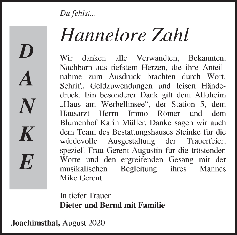  Traueranzeige für Hannelore Zahl vom 30.08.2020 aus Märkische Oderzeitung
