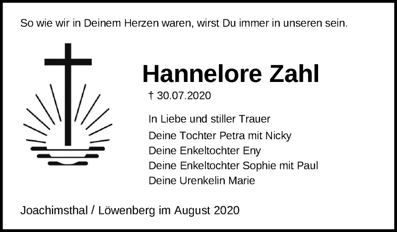  Traueranzeige für Hannelore Zahl vom 16.08.2020 aus Märkische Oderzeitung