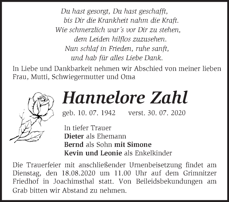  Traueranzeige für Hannelore Zahl vom 09.08.2020 aus Märkische Oderzeitung