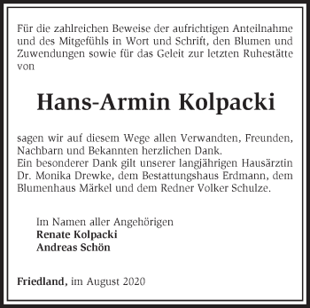 Traueranzeige von Hans-Armin Kolpacki von Märkische Oderzeitung