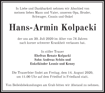 Traueranzeige von Hans-Armin Kolpacki von Märkische Oderzeitung