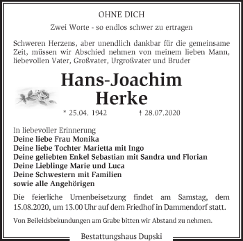 Traueranzeige von Hans-Joachim Herke von Märkische Oderzeitung