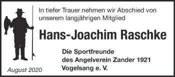 Traueranzeige von Hans-Joachim Raschke von Märkische Oderzeitung