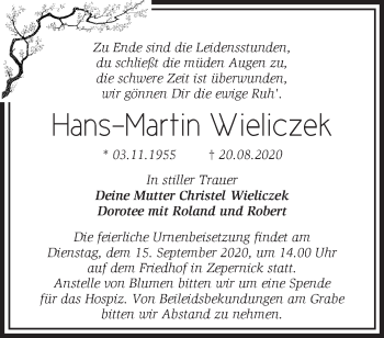 Traueranzeige von Hans-Martin Wieliczek von Märkische Oderzeitung