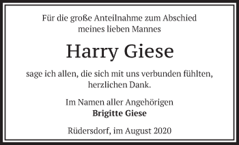 Traueranzeige von Harry Giese von Märkische Oderzeitung