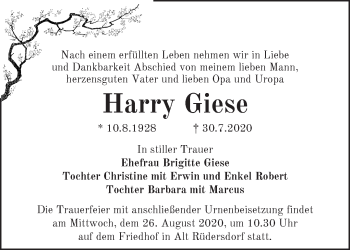 Traueranzeige von Harry Giese von Märkische Oderzeitung