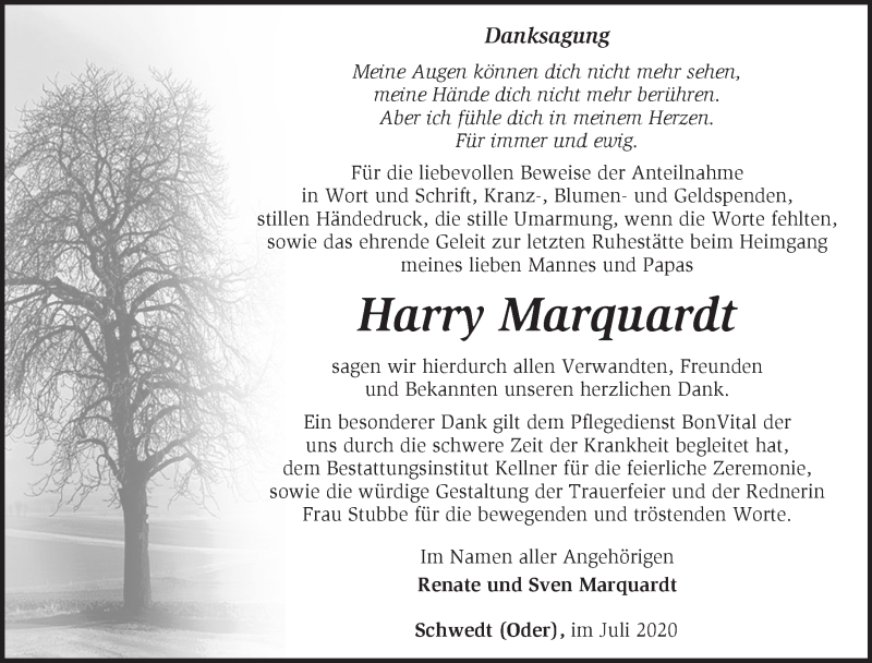  Traueranzeige für Harry Marquardt vom 02.08.2020 aus Märkische Oderzeitung