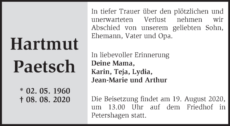  Traueranzeige für Hartmut Paetsch vom 16.08.2020 aus Märkische Oderzeitung