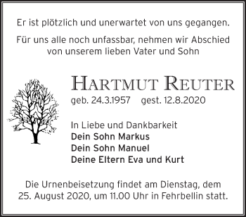 Traueranzeige von Hartmut Reuter von Märkische Oderzeitung