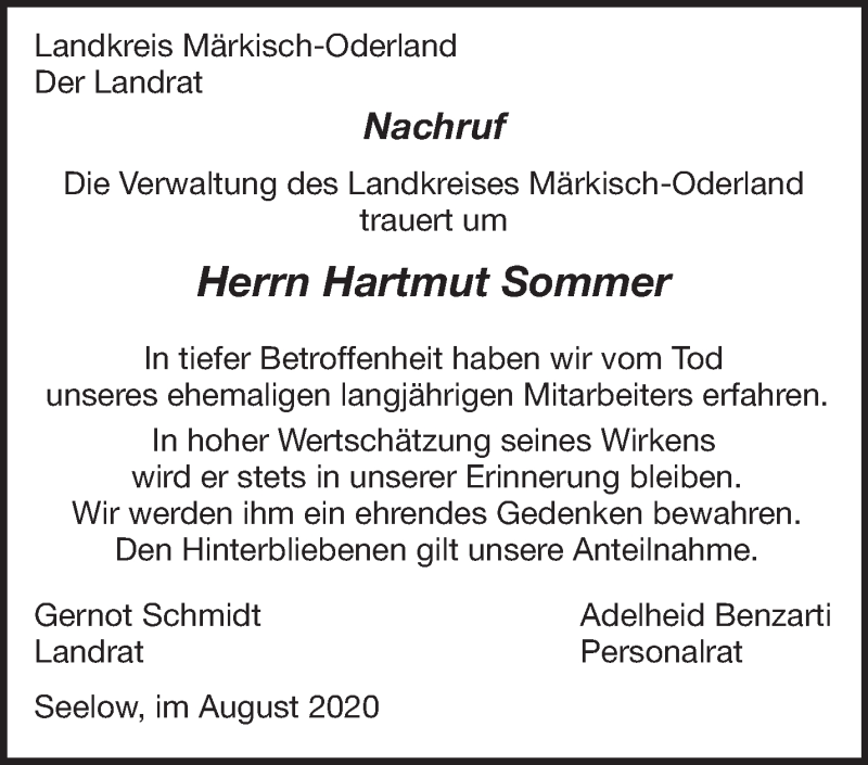 Traueranzeige für Hartmut Sommer vom 08.08.2020 aus Märkische Oderzeitung