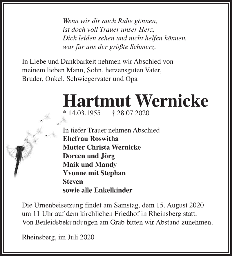  Traueranzeige für Hartmut Wernicke vom 08.08.2020 aus Märkische Oderzeitung