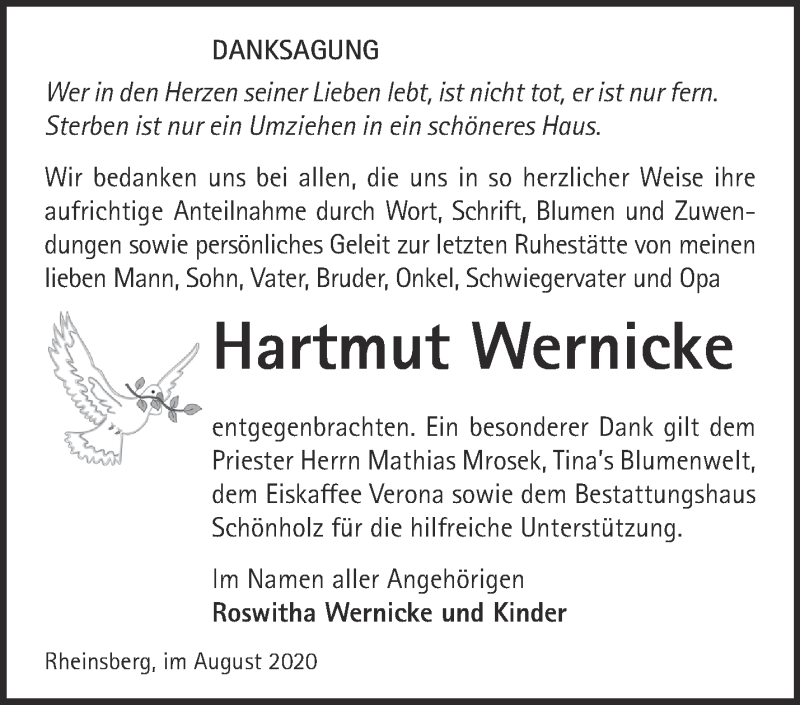  Traueranzeige für Hartmut Wernicke vom 22.08.2020 aus Märkische Oderzeitung